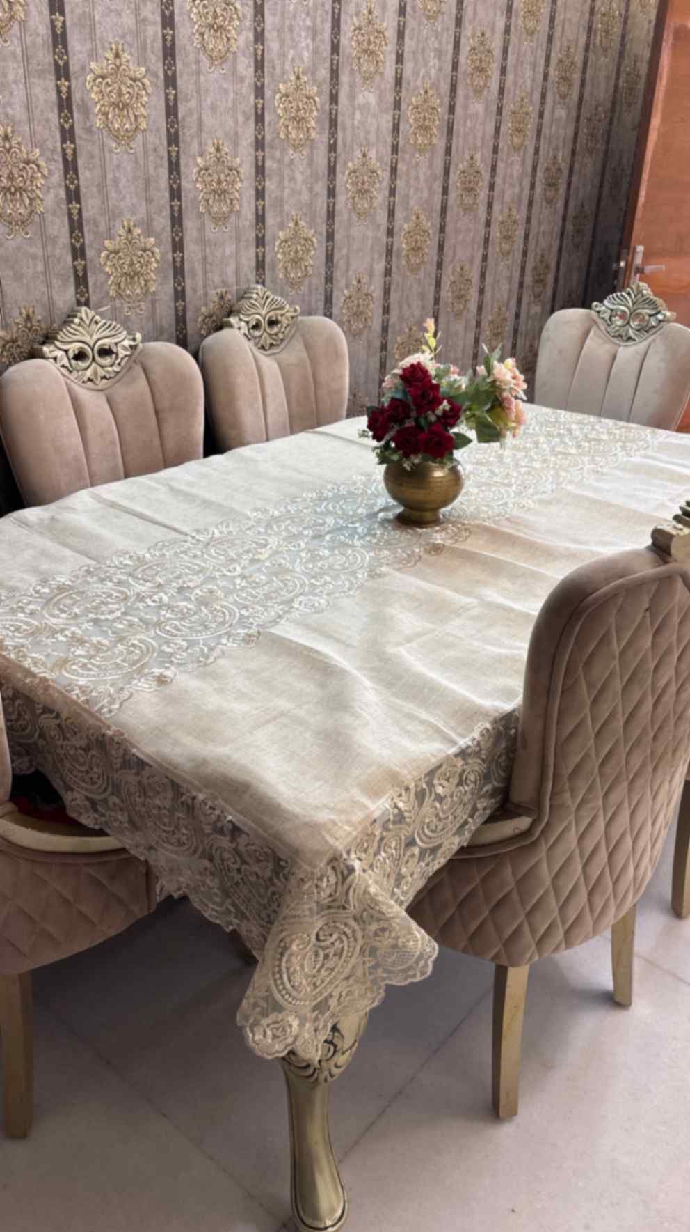 Sheer Lace Embroidered Tablecloth in Beige Sheer Lace Embroidered Tablecloth in Beige
