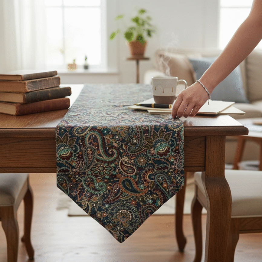 Elegant Paisley Embroidered Table Runner 13x72 by Royal Handloom House