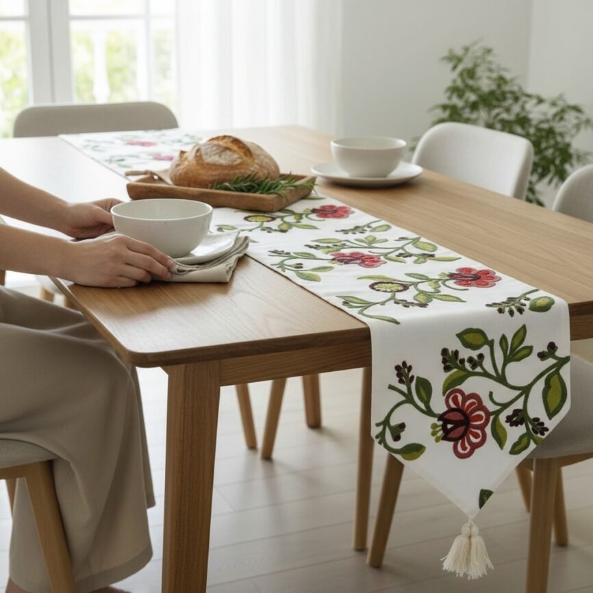 white-embroidered-floral-vine-table-runner